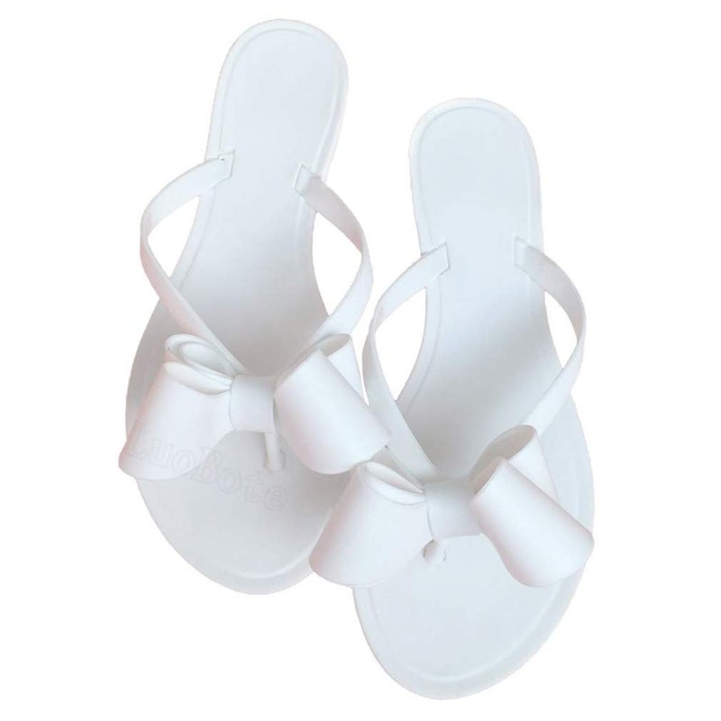 Mtzyoa Women Flip-Flops Bow Flat Sandals Beach Jelly Cute Rain White Size 9 Ladies Summer Casual Waterproof - Image 1